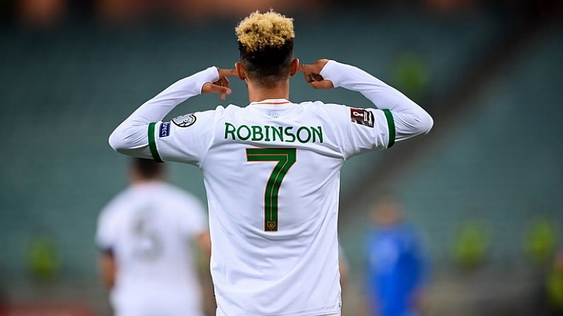 9 October 2021; Callum Robinson of Republic of Ireland celebrates after scoring his side's first goal during the FIFA World Cup 2022 qualifying group A match between Azerbaijan and Republic of Ireland at the Olympic Stadium in Baku, Azerbaijan. Photo by Stephen McCarthy/Sportsfile