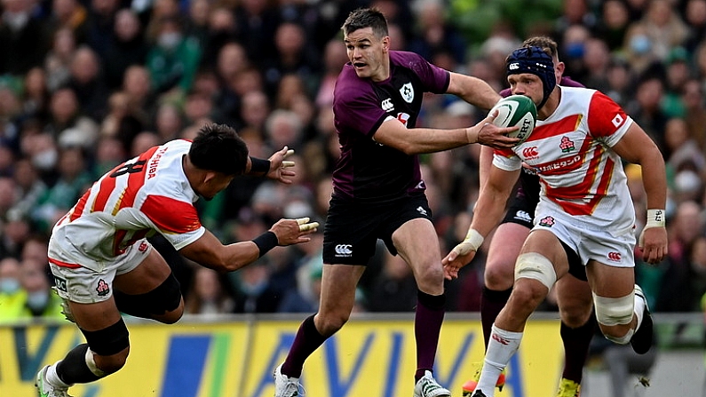 6 November 2021; Jonathan Sexton of Ireland is tackled by Kazuki Himeno of Japan during the Autumn Nations Series match between Ireland and Japan at Aviva Stadium in Dublin. Photo by Ramsey Cardy/Sportsfile