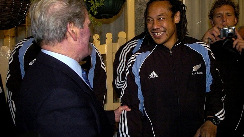 9 November 2005; New Zealand All Blacks team captain Tana Umaga is greeted on his arrival in Ramelton, Co. Donegal, during a visit to the birthplace of Dave Gallaher as part of centenary celebrations for the Originals tour. Players and New Zealand Rugby Union officials travelled to the village of Ramelton in County Donegal where the Originals' captain was born. Ramelton, Co. Donegal. Picture credit: Pat Murphy / SPORTSFILE