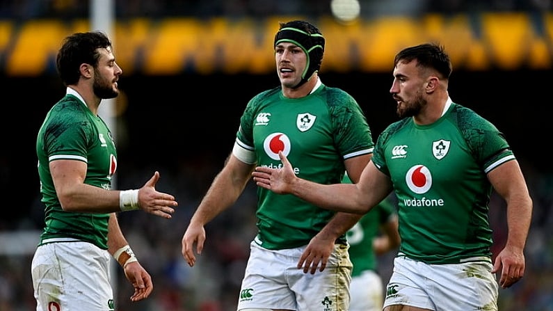 21 November 2021; Ireland players, from left, Robbie Henshaw, Caelan Doris and Ronan Kelleher during the Autumn Nations Series match between Ireland and Argentina at Aviva Stadium in Dublin. Photo by Harry Murphy/Sportsfile