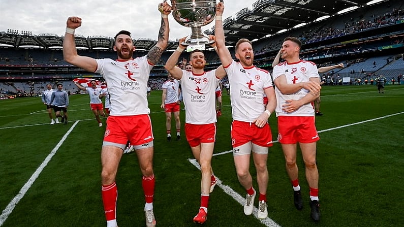 11 September 2021; Tyrone players, from left, Ronan McNamee, Cathal McShane, Frank Burns and Niall Kelly with the Sam Maguire cup after the GAA Football All-Ireland Senior Championship Final match between Mayo and Tyrone at Croke Park in Dublin. Photo by Ramsey Cardy/Sportsfile