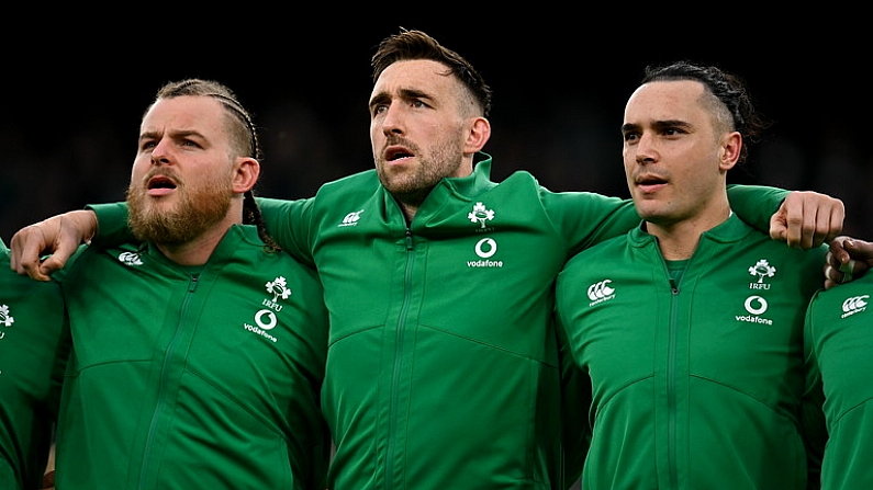 27 February 2022; Ireland players, from left, Finlay Bealham, Jack Conan and James Lowe during the Guinness Six Nations Rugby Championship match between Ireland and Italy at the Aviva Stadium in Dublin. Photo by Seb Daly/Sportsfile