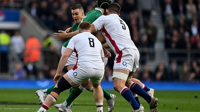 12 March 2022; Charlie Ewels of England tackles James Ryan of Ireland, resulting in a red card, during the Guinness Six Nations Rugby Championship match between England and Ireland at Twickenham Stadium in London, England. Photo by Brendan Moran/Sportsfile