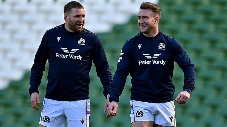 18 March 2022; Finn Russell, left, and Stuart Hogg of Scotland during the Scotland captain's run at Aviva Stadium in Dublin. Photo by Brendan Moran/Sportsfile