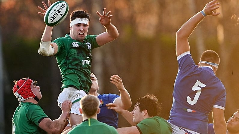 18 December 2021; Mark Morrissey of Ireland after winning possession in the lineout during the U20's International match between Ireland and Italy at UCD Bowl in Dublin. Photo by Piaras O Midheach/Sportsfile