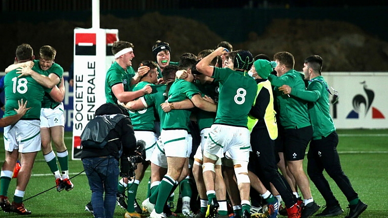 11 February 2022; Ireland players celebrate victory in the U20 Six Nations Rugby Championship match between France and Ireland at Stade Maurice David in Aix-en-Provence, France. Photo by Manuel Blondeau/Sportsfile