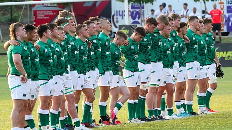 29 June 2022; Ireland players stand for the national anthem before the Six Nations U20 summer series match between Ireland and South Africa at Payanini Centre in Verona, Italy. Photo by Roberto Bregani/Sportsfile