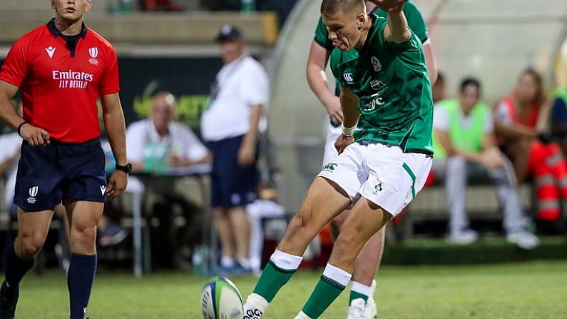 5 July 2022; Sam Prendergast of Ireland converts a penalty during the Six Nations U20 summer series match between Ireland and England at Payanini Centre in Verona, Italy. Photo by Roberto Bregani/Sportsfile