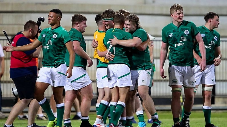 5 July 2022; Ireland players celebrate after the Six Nations U20 summer series match between Ireland and England at Payanini Centre in Verona, Italy. Photo by Roberto Bregani/Sportsfile