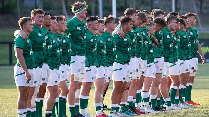 5 July 2022; Ireland players during the National Anthem before the Six Nations U20 summer series match between Ireland and England at Payanini Centre in Verona, Italy. Photo by Roberto Bregani/Sportsfile