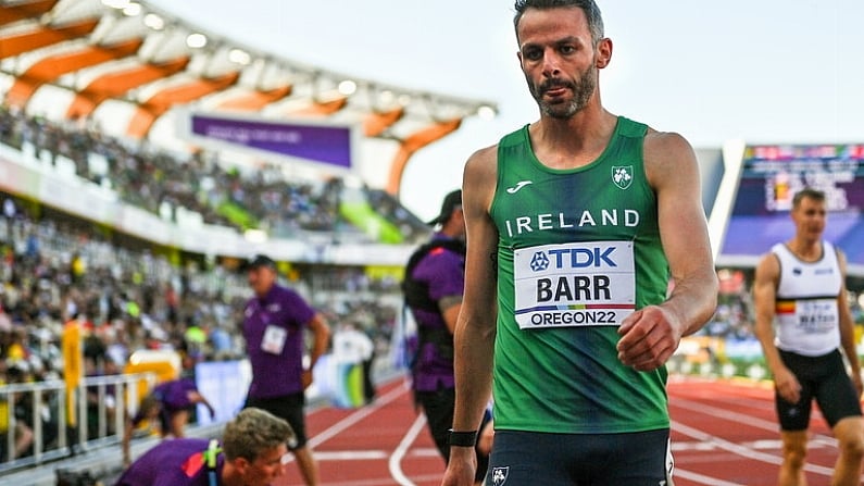 17 July 2022; Thomas Barr of Ireland reacts after finishing 5th in his men's 400m hurdles semi-final during day three of the World Athletics Championships at Hayward Field in Eugene, Oregon, USA. Photo by Sam Barnes/Sportsfile