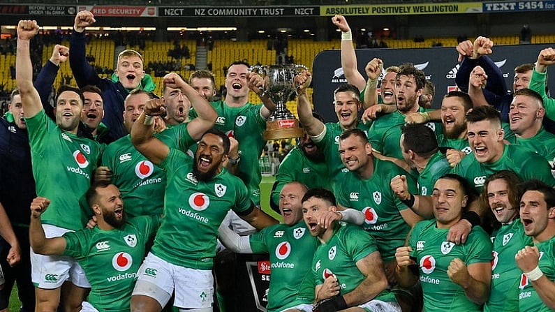 16 July 2022; The Ireland team celebrate after the Steinlager Series match between the New Zealand and Ireland at Sky Stadium in Wellington, New Zealand. Photo by Brendan Moran/Sportsfile