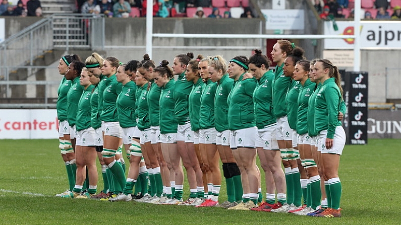 30 April 2022; The Ireland team stand for the anthems before the Tik Tok Women's Six Nations Rugby Championship match between Ireland and Scotland at Kingspan Stadium in Belfast. Photo by John Dickson/Sportsfile