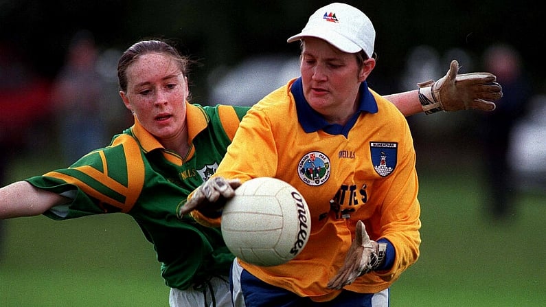 6 September 1998; Brenda McAnespie of Monaghan in action against Christine O'Brien of Meath during the Bank of Ireland All-Ireland Senior Ladies Football Championship Semi-Final match between Meath and Monaghan at Summerhill GAA in Meath. Photo by David Maher/Sportsfile