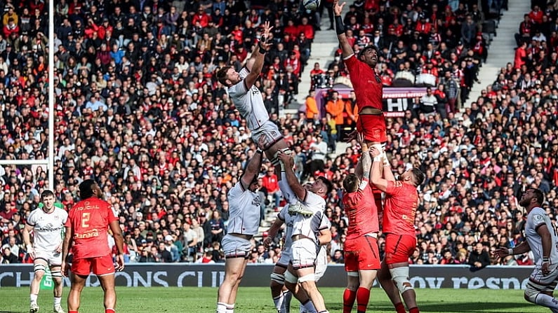 9 April 2022; Iain Henderson of Ulster and Rory Arnold of Toulouse during the Heineken Champions Cup Round of 16 first leg match between Toulouse and Ulster at Stade Ernest Wallon in Toulouse, France. Photo by Manuel Blondeau/Sportsfile