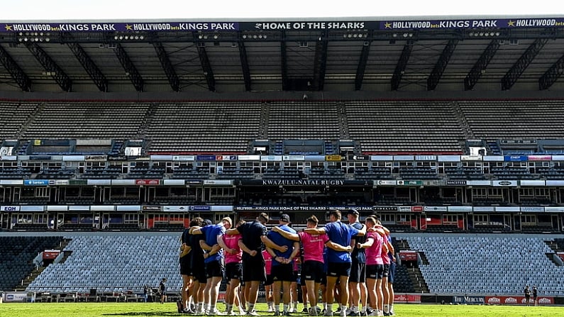 22 April 2022; Leinster players huddle during a Leinster Rugby Captain's Run at Jonsson Kings Park Stadium in Durban, South Africa. Photo by Harry Murphy/Sportsfile