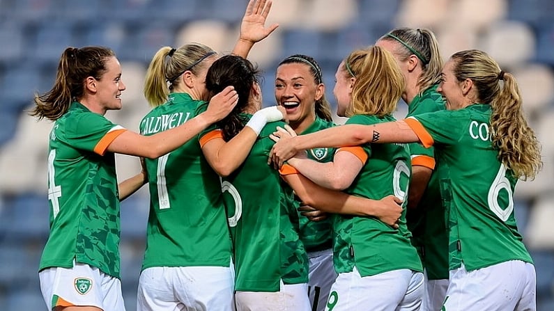 27 June 2022; Niamh Fahey of Republic of Ireland is congratulated by team mates including Katie McCabe, centre, after she scored their side's second goal during the FIFA Women's World Cup 2023 Qualifier match between Georgia and Republic of Ireland at Tengiz Burjanadze Stadium in Gori, Georgia. Photo by Stephen McCarthy/Sportsfile