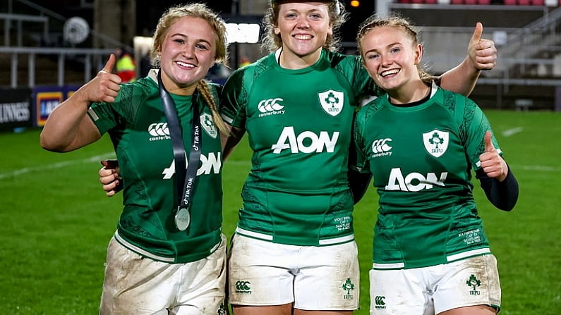 30 April 2022; Ireland and Ulster players, from left, Neve Jones, Vicky Irwin and Kathryn Dane after their side's victory in the Tik Tok Women's Six Nations Rugby Championship match between Ireland and Scotland at Kingspan Stadium in Belfast. Photo by John Dickson/Sportsfile