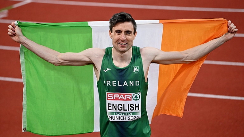 21 August 2022; Mark English of Ireland after winning bronze in the Men's 800m Final during day 11 of the European Championships 2022 at the Olympiastadion in Munich, Germany. Photo by David Fitzgerald/Sportsfile