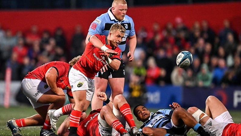 29 April 2022; Craig Casey of Munster during the United Rugby Championship match between Munster and Cardiff at Musgrave Park in Cork. Photo by Brendan Moran/Sportsfile