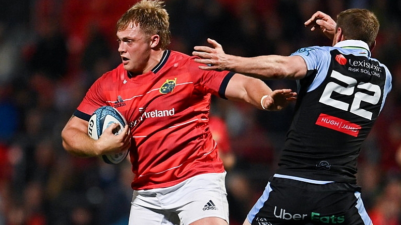 29 April 2022; Keynan Knox of Munster in action against Rhys Priestland of Cardiff Blues during the United Rugby Championship match between Munster and Cardiff at Musgrave Park in Cork. Photo by Sam Barnes/Sportsfile