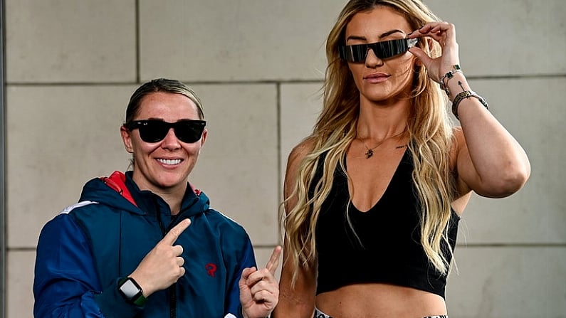 21 September 2022; Bellator fighter Leah McCourt, right, and UFC fighter Molly McCann who will be in her corner during a Bellator 285 Media Event at The Gibson Hotel in Dublin. Photo by David Fitzgerald/Sportsfile