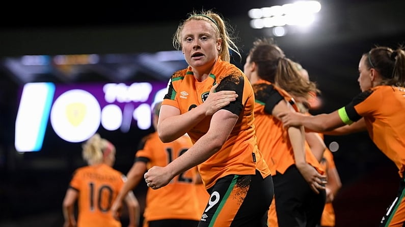 11 October 2022; Amber Barrett of Republic of Ireland celebrates after scoring her side's first goal during the FIFA Women's World Cup 2023 Play-off match between Scotland and Republic of Ireland at Hampden Park in Glasgow, Scotland. Photo by Stephen McCarthy/Sportsfile