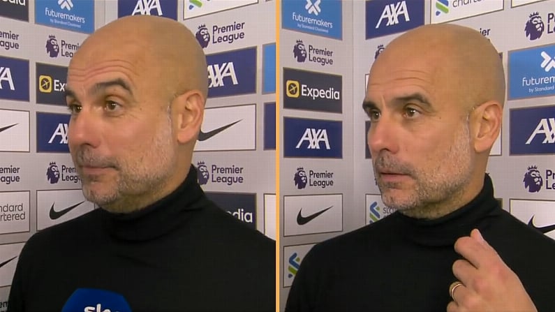 Pep Guardiola in disbelief after a question from interviewer Geoff Shreeves