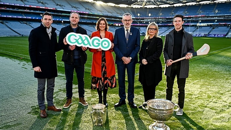 15 December 2022; Uachtaran Chumann Luthchleas Gael Larry McCarthy, centre, with, from from left, former Kerry footballer Marc O'Se, fomrer Donegal footballer Michael Murphy, GaaGo presenter Grainne McIlwaine, RTE director general Dee Forbes and former Limerick hurler Seamus Hickey at the media launch of the GAAGO 2023 at Croke Park in Dublin. Photo by Eoin Noonan/Sportsfile