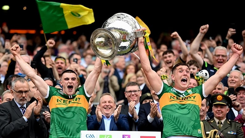 24 July 2022; Kerry captains Sean O'Shea, left, and Joe O'Connor lifts the Sam Maguire cup after the GAA Football All-Ireland Senior Championship Final match between Kerry and Galway at Croke Park in Dublin. Photo by Stephen McCarthy/Sportsfile