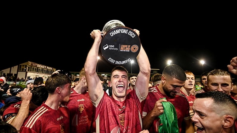 20 October 2023; Maurice Nugent of Galway United celebrates with the SSE Airtricity Men's First Division cup after the SSE Airtricity Men's First Division match between Galway United and Wexford at Eamonn Deacy Park in Galway. Photo by Stephen McCarthy/Sportsfile