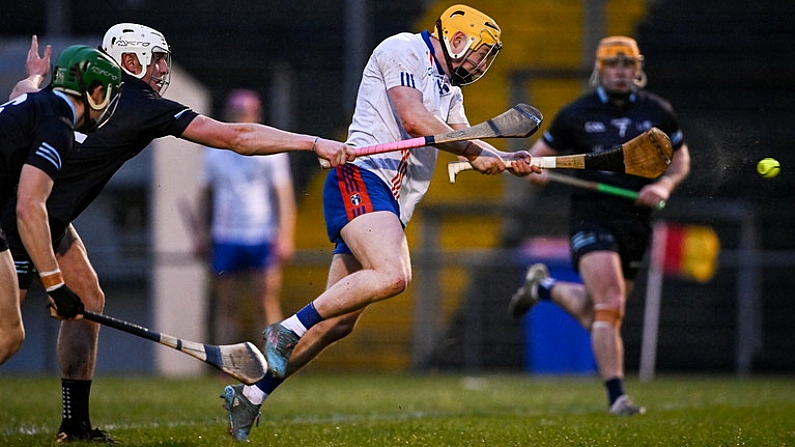 14 February 2024; Shane Meehan of MICL scores his side's first goal during the Electric Ireland Higher Education GAA Fitzgibbon Cup semi-final match between Mary Immaculate College Limerick and SETU Waterford at Mallow GAA Complex in Cork. Photo by Piaras O Midheach/Sportsfile