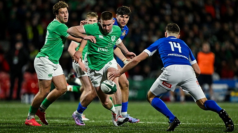 9 February 2024; Ben OConnor of Ireland in action against Marco Scalabrin of Italy during the U20 Six Nations Rugby Championship match between Ireland and Italy at Virgin Media Park in Cork. Photo by Brendan Moran/Sportsfile