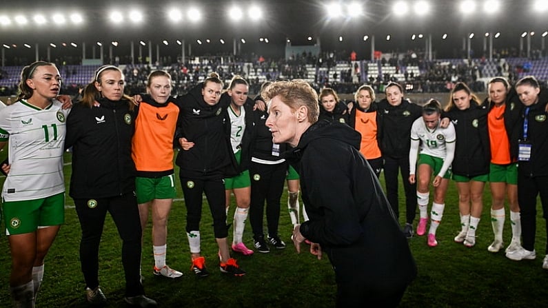 23 February 2024; Republic of Ireland head coach Eileen Gleeson talks to her players after the international women's friendly match between Italy and Republic of Ireland at Viola Park in Florence, Italy. Photo by David Fitzgerald/Sportsfile