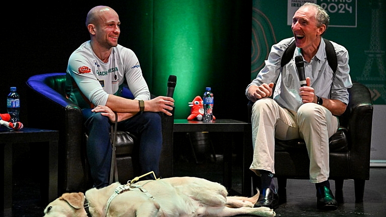 28 February 2024; Irish para-triathlete Donnacha McCarthy, left, with his former coach Dave Tilley speaking at The Helix in DCU, Dublin, for Paralympics Ireland's ''6 Months to Go'' event ahead of the Paralympic Games 2024 in Paris, France. Photo by Seb Daly/Sportsfile