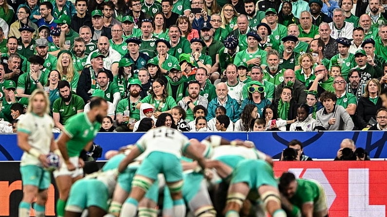 23 September 2023; Ireland supporters look on during the 2023 Rugby World Cup Pool B match between South Africa and Ireland at Stade de France in Paris, France. Photo by Harry Murphy/Sportsfile