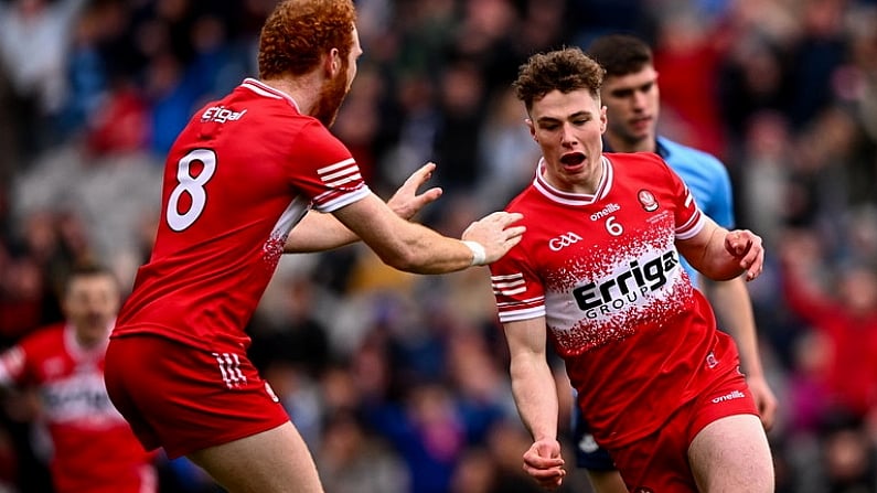 31 March 2024; Eoin McEvoy of Derry celebrates with Conor Glass, left, after scoring their side's third goal during the Allianz Football League Division 1 Final match between Dublin and Derry at Croke Park in Dublin. Photo by Ramsey Cardy/Sportsfile