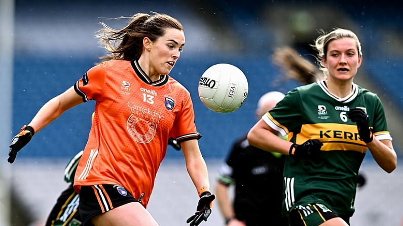 7 April 2024; Aimee Mackin of Armagh in action against Ciara Murphy of Kerry during the Lidl LGFA National League Division 1 final match between Armagh and Kerry at Croke Park in Dublin. Photo by Piaras O Midheach/Sportsfile