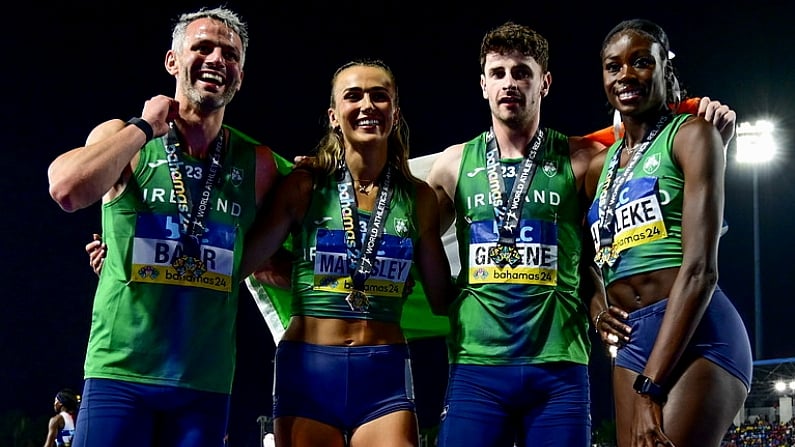 5 May 2024; The Ireland mixed 4x400m relay team, from left, Thomas Barr, Sharlene Mawdsley, Cillin Greene and Rhasidat Adeleke with their bronze medals during two of the World Athletics Relays at Thomas A Robinson National Stadium in Nassau, Bahamas. Photo by Erik van Leeuwen/Sportsfile