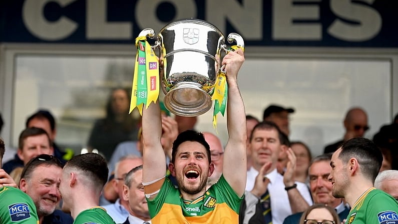 12 May 2024; Ryan McHugh of Donegal lifts the Anglo Celt Cup the Ulster GAA Football Senior Championship final match between Armagh and Donegal at St Tiernach's Park in Clones, Monaghan. Photo by Ramsey Cardy/Sportsfile