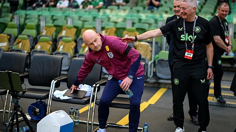 7 September 2024; England interim manager Lee Carsley mistakenly sits at the Republic of Ireland bench before the UEFA Nations League B Group 2 match between Republic of Ireland and England at Aviva Stadium in Dublin. Photo by Stephen McCarthy/Sportsfile