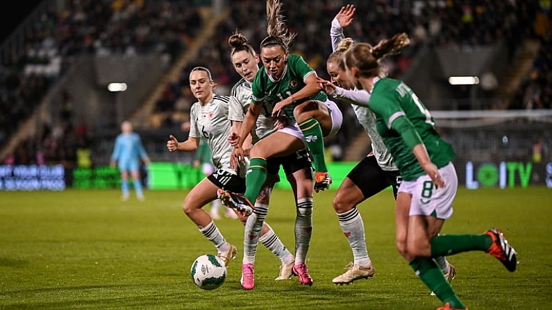 27 February 2024; Katie McCabe of Republic of Ireland is tackled by Rachel Rowe of Wales during the international women's friendly match between Republic of Ireland and Wales at Tallaght Stadium in Dublin. Photo by David Fitzgerald/Sportsfile