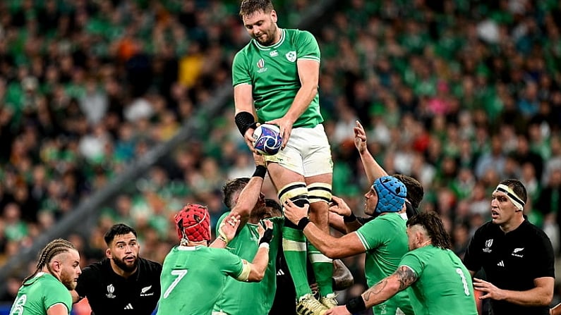 14 October 2023; Iain Henderson of Ireland wins a lineout during the 2023 Rugby World Cup quarter-final match between Ireland and New Zealand at the Stade de France in Paris, France. Photo by Brendan Moran/Sportsfile