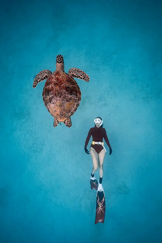 A female ddiver glides peacefully alongside a friendly sea turtle off the coast of Perhentian Island, Malaysia, a harmonious coexistence between human and nature.