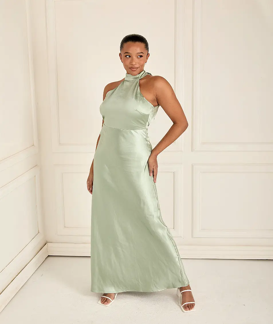 Six Stories Sage Halter Neck Satin Bridesmaid Dress