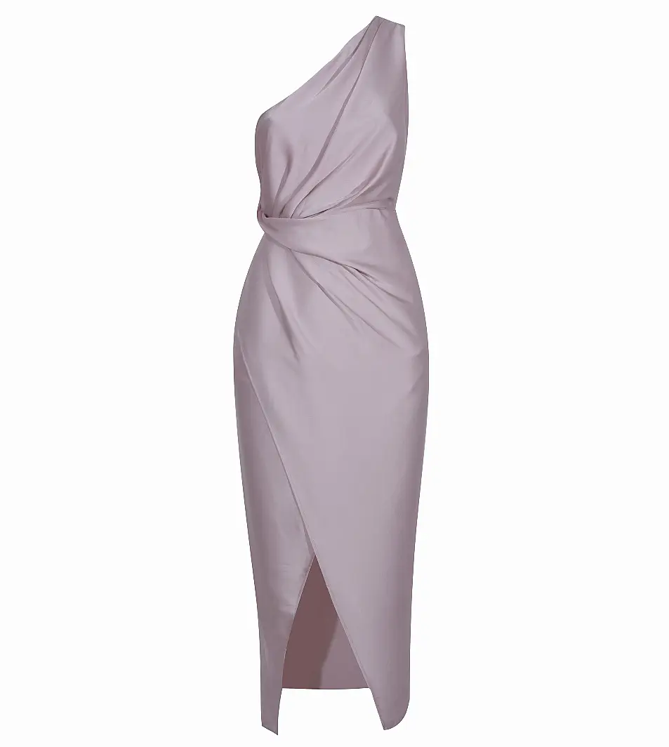 New Look Pale Grey Satin One Shoulder Ruched Maxi Dress