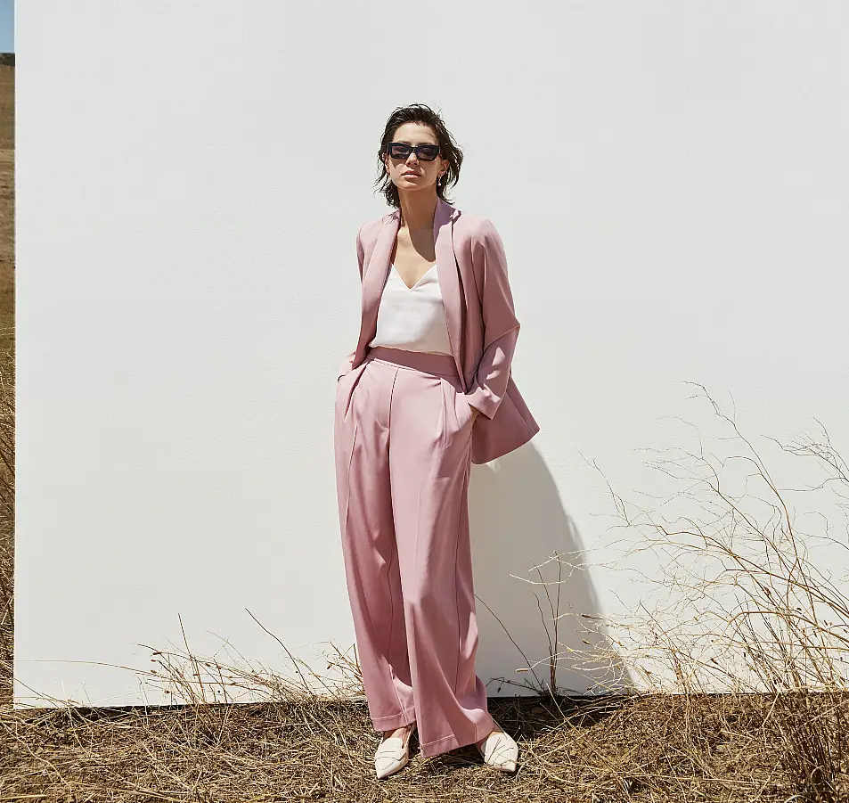 Marks and Spencer Collection Antique Rose Satin Look Relaxed Blazer; Collection Cami Top; Collection Antique Rose Satin Twill Wide Leg Trousers; Leather Kitten Heel Pointed Slingback Shoes