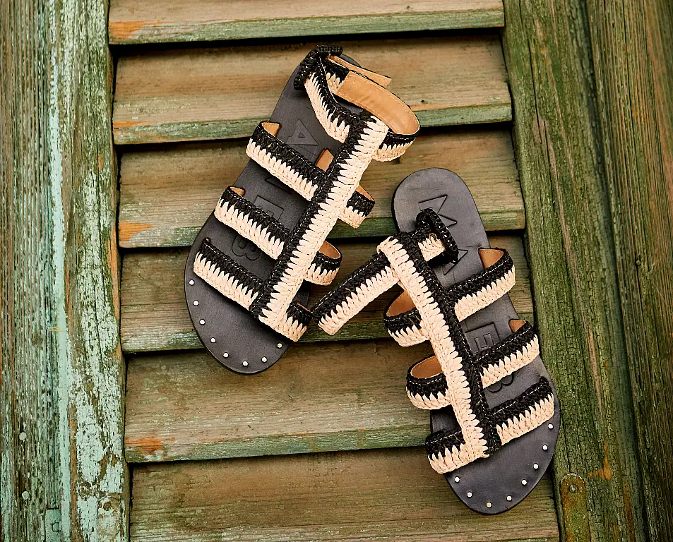 Manebi Black & Natural Raffia Gladiator Sandals