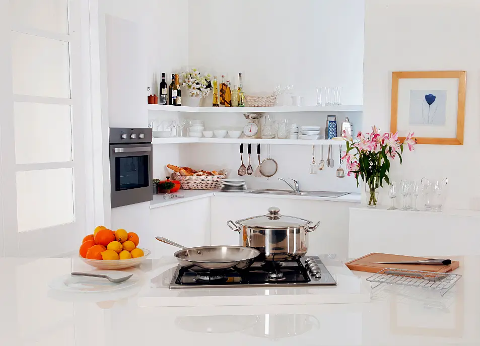 Modern white kitchen with open shelving