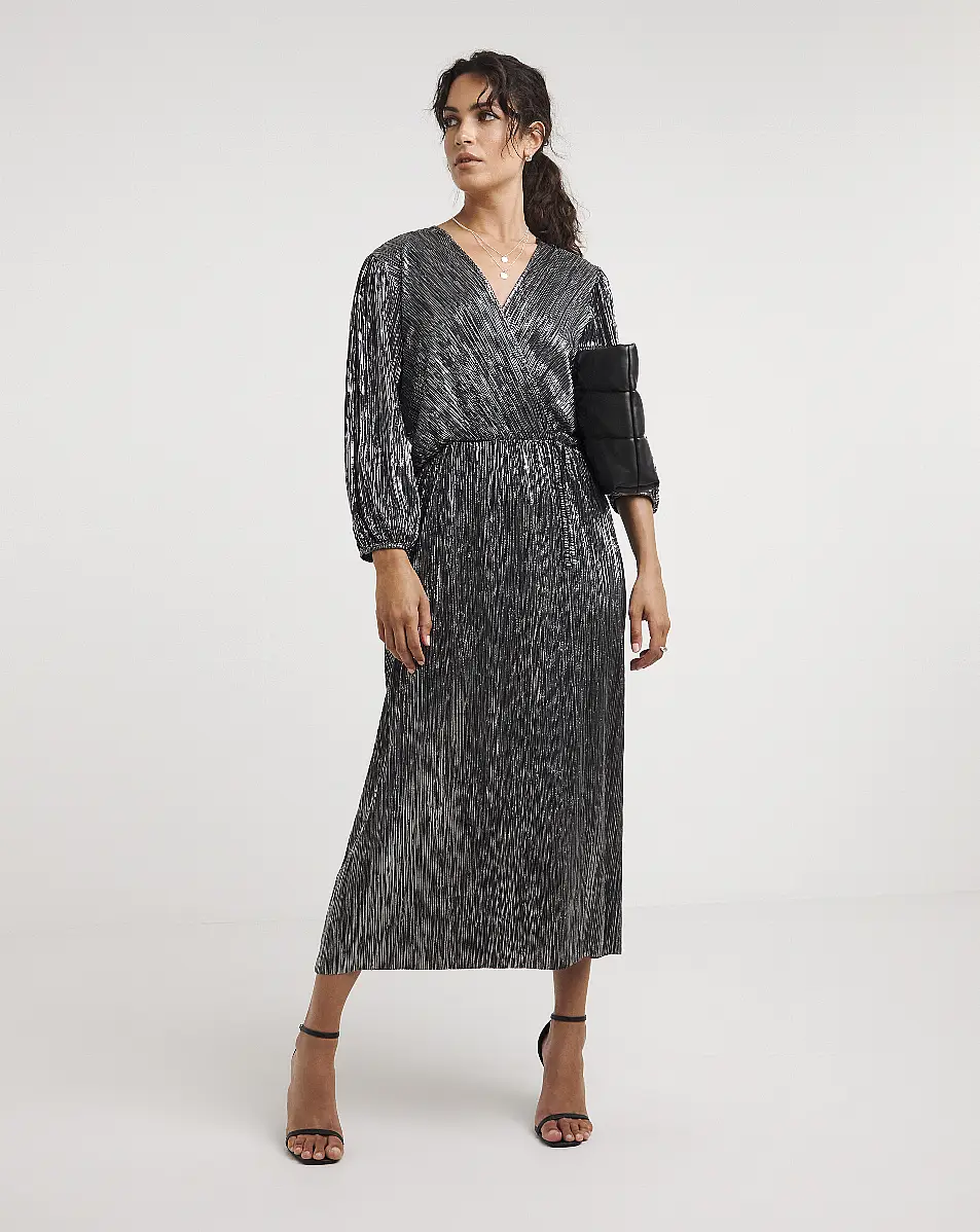 JD Williams Metallic Plisse Wrap Midi Dress; Oversized Padded Clutch Bag; Savona Barely There Heeled Sandals